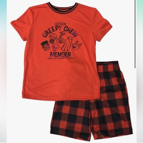 NWT Cat & Jack Boys Orange Creepy Crew Halloween Sleep Set Pajamas Top & Shorts - Picture 1 of 4
